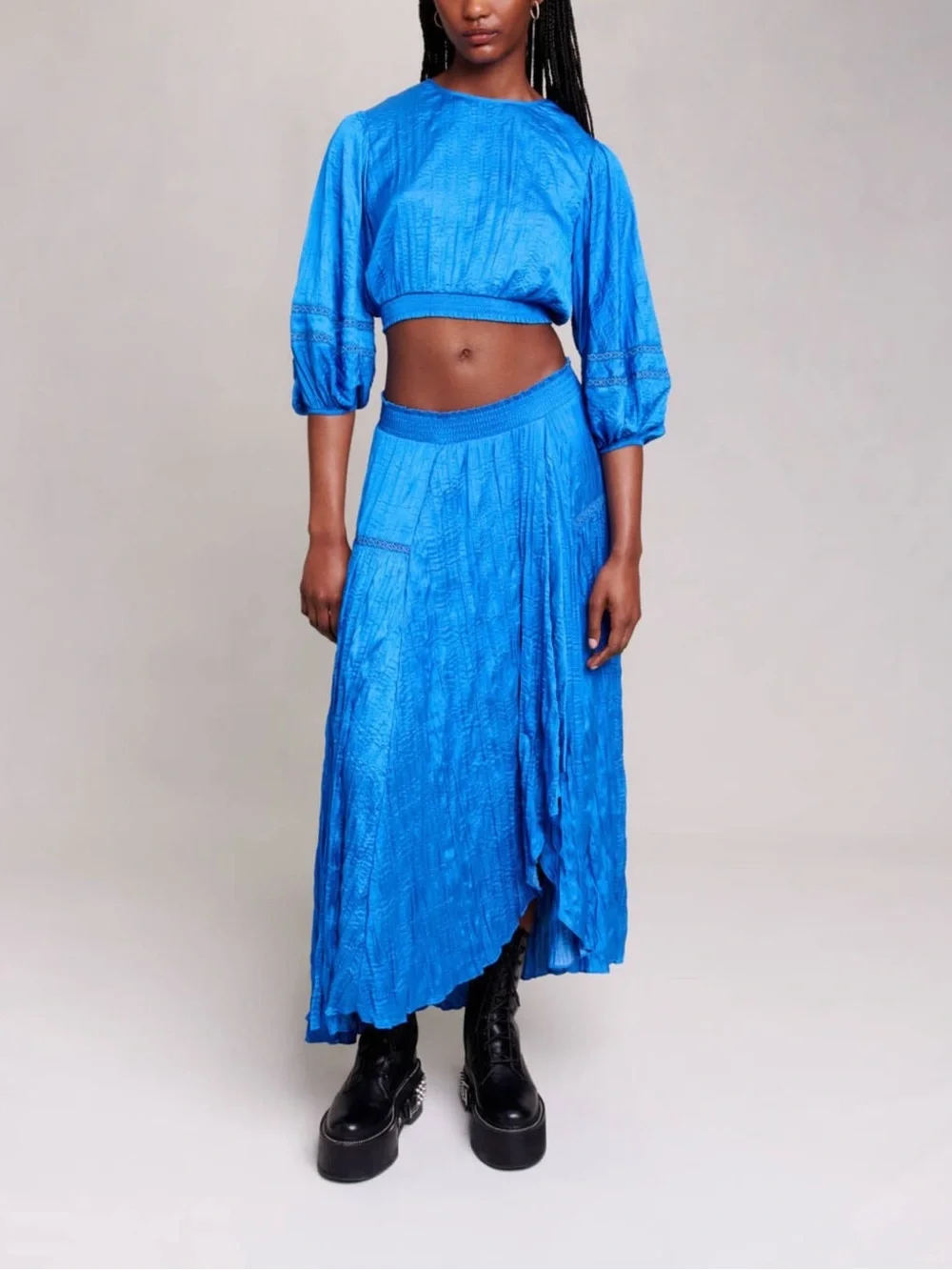Maje Satin Effect Pleated Blue Midi Skirt